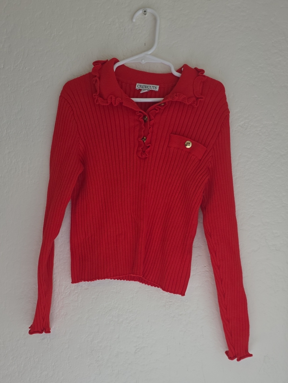 Crewcuts Red Ribbed Ruffle Polo Knit Top